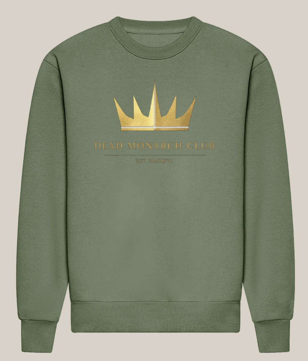 Green sweatshirt with gold crown logo and text on a white background