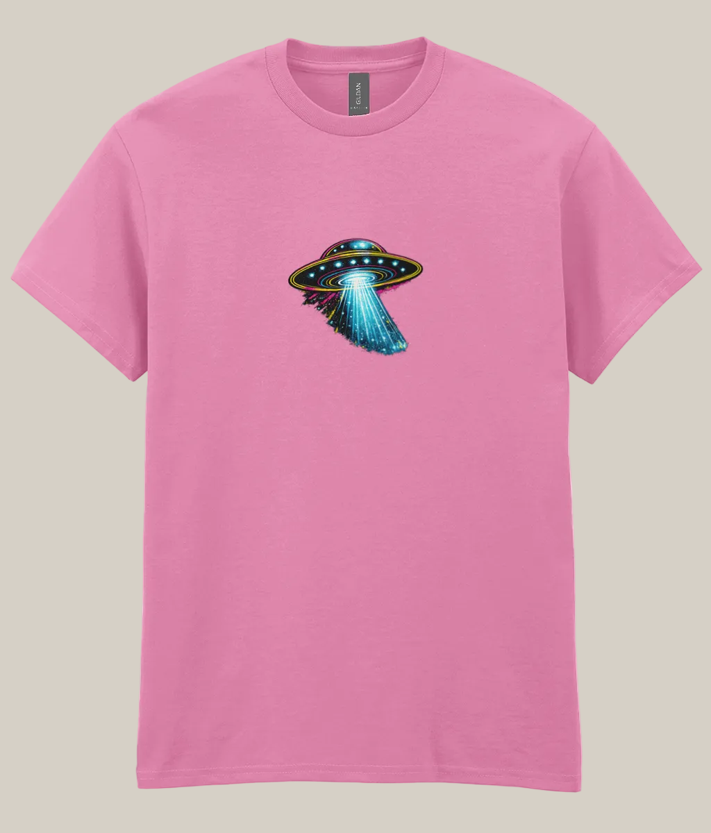 Pink t-shirt with a UFO graphic on a white background