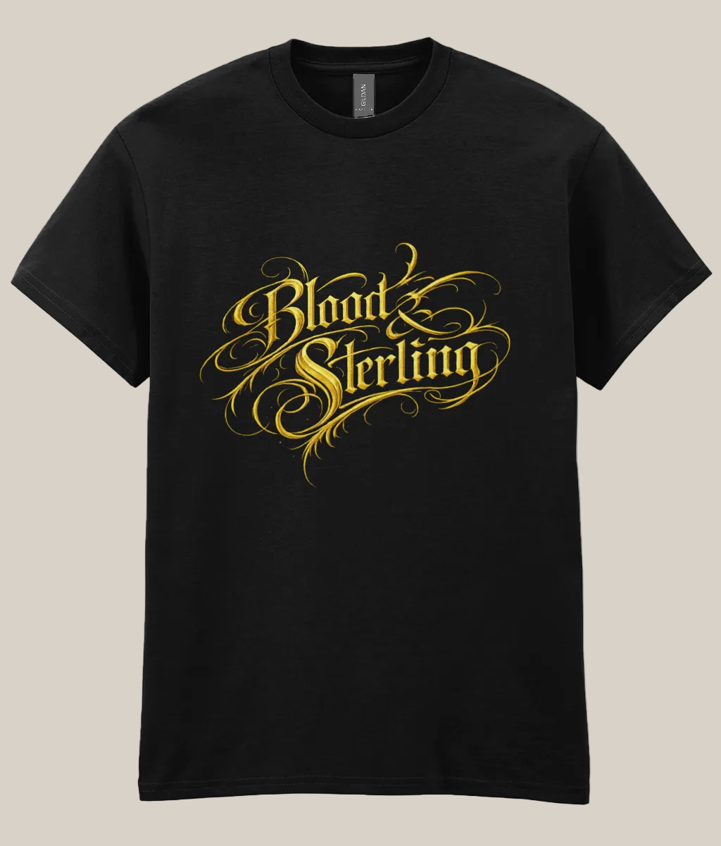 Black t-shirt with 'Blood Sterling' text in gold on a white background