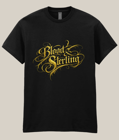 Black t-shirt with 'Blood Sterling' text in gold on a white background