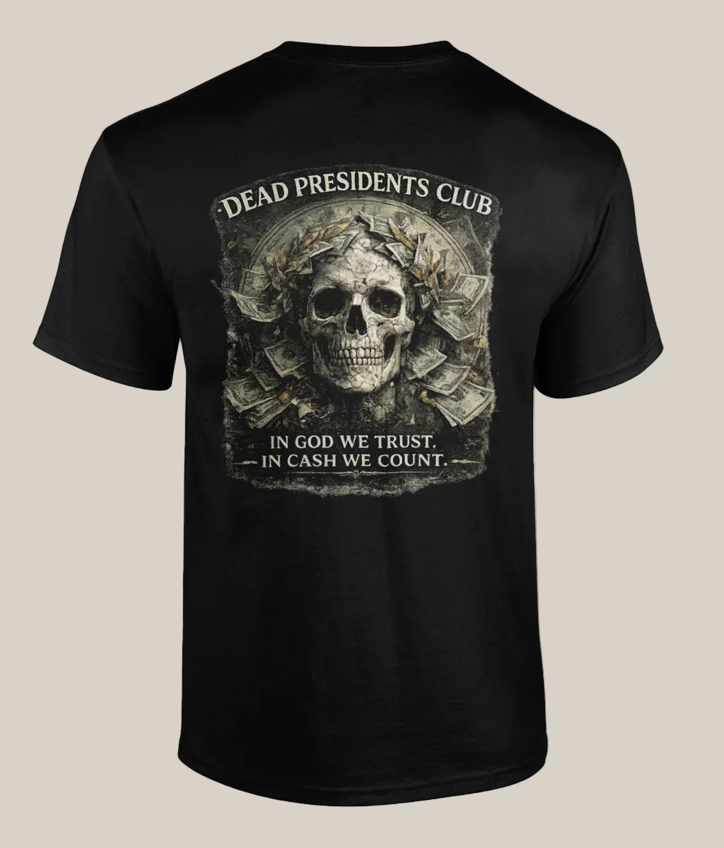 Black t-shirt with a skull design and text on the back, on a white background