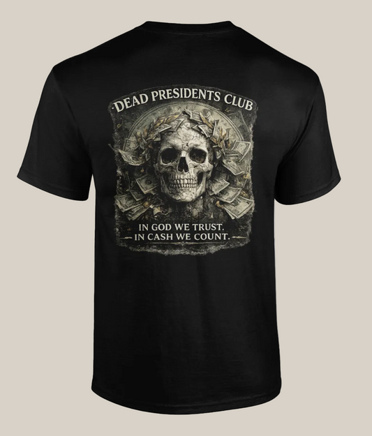 Black t-shirt with a skull design and text on the back, on a white background