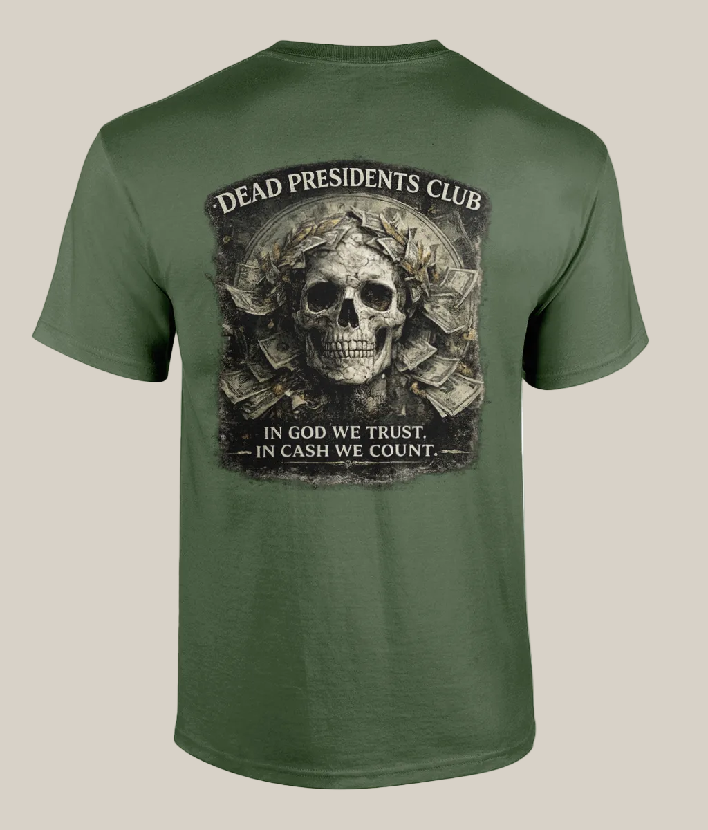 Green t-shirt with skull graphic and text on a white background