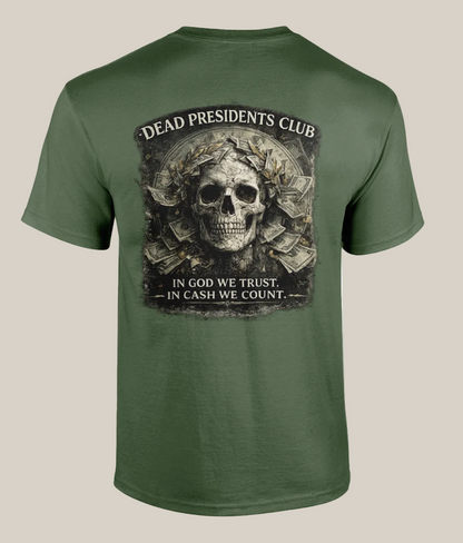 Green t-shirt with skull graphic and text on a white background