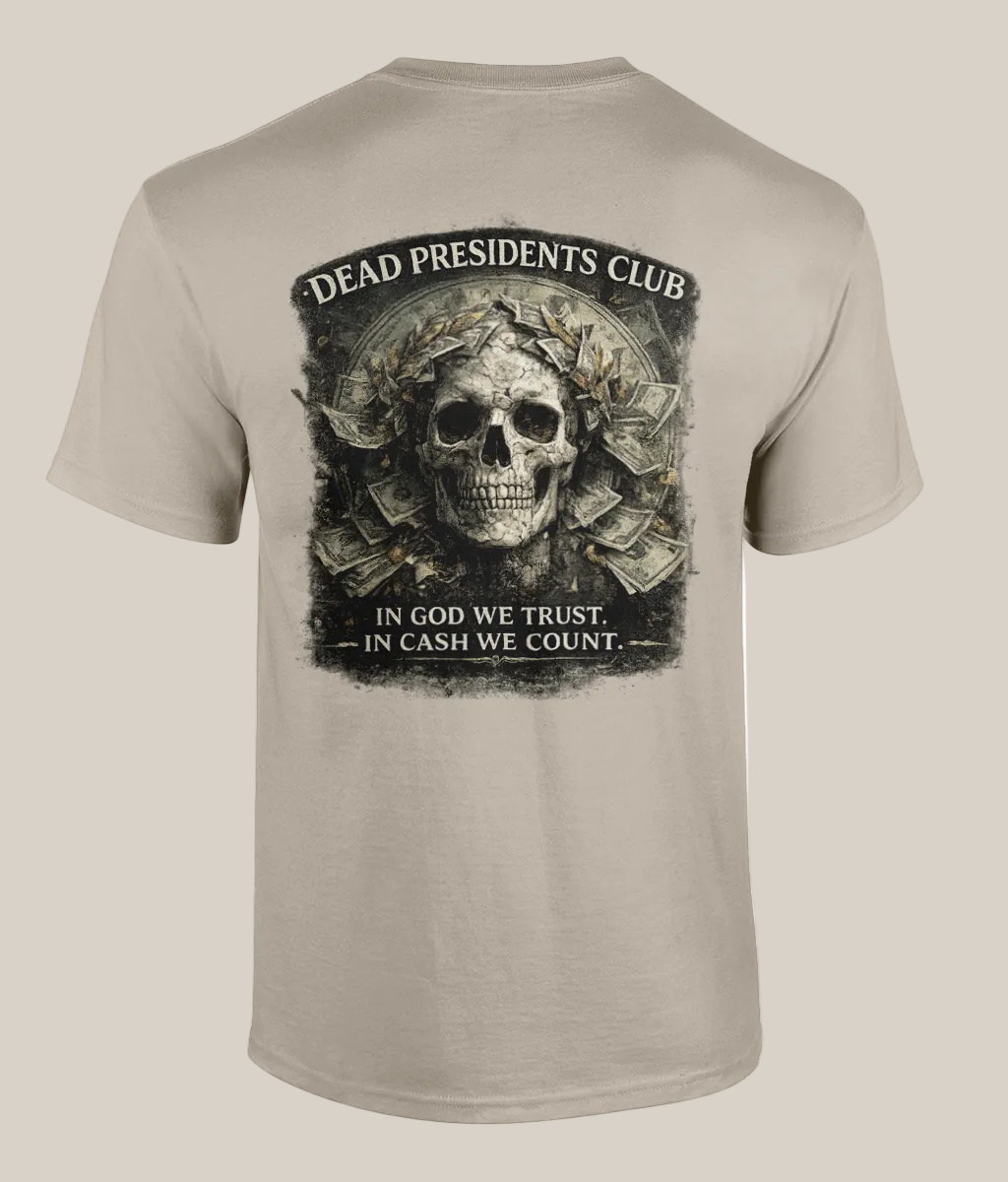 Beige t-shirt with a skull graphic and text on the back, displayed on a white background.