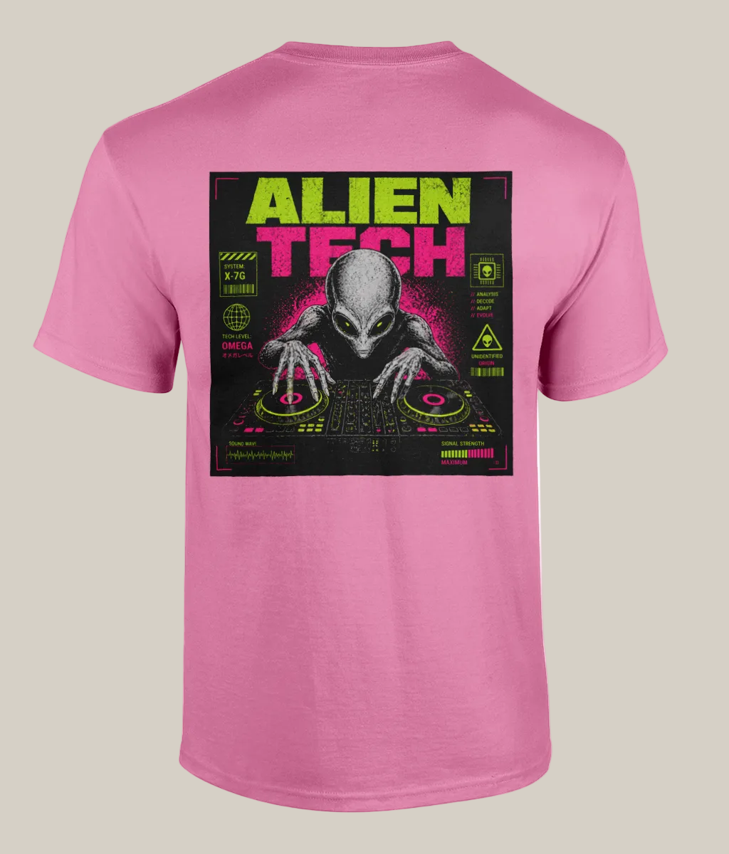 Pink t-shirt with alien graphic and 'Alien Tech' text on a white background