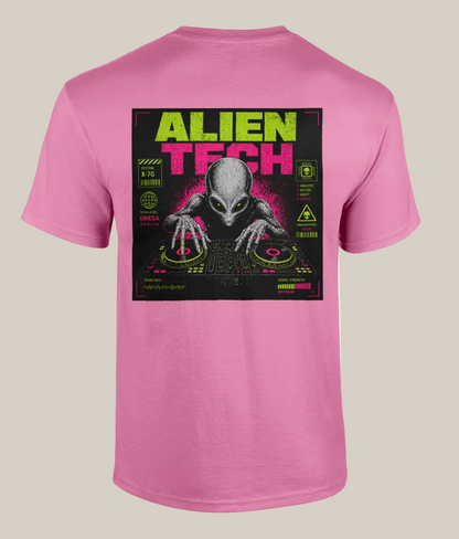 Pink t-shirt with alien graphic and 'Alien Tech' text on a white background