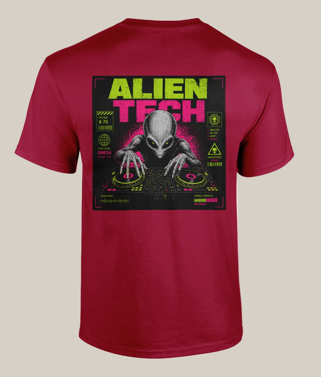Red t-shirt with alien design and 'Alien Tech' text on a white background