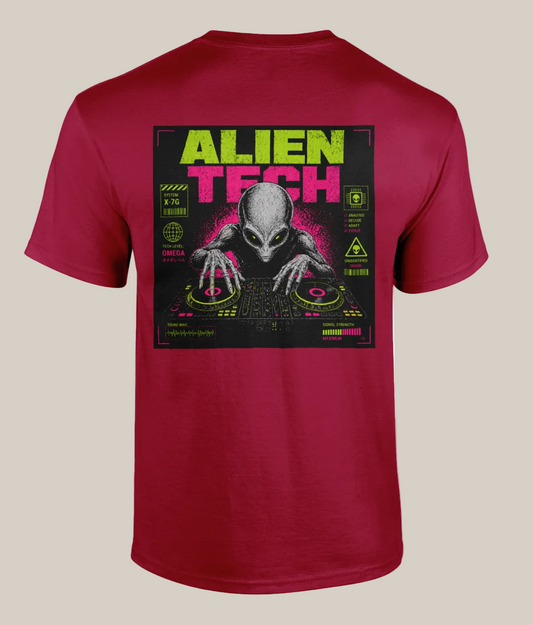 Red t-shirt with alien design and 'Alien Tech' text on a white background