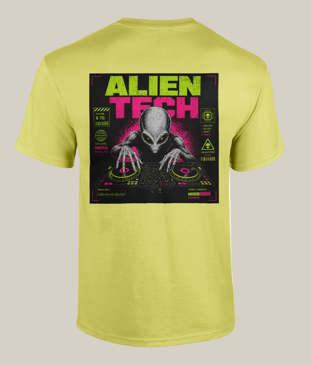 Yellow t-shirt with alien graphic and 'Alien Tech' text on a white background