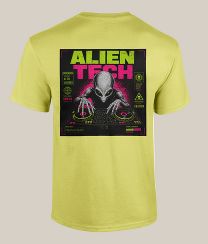 Yellow t-shirt with alien graphic and 'Alien Tech' text on a white background