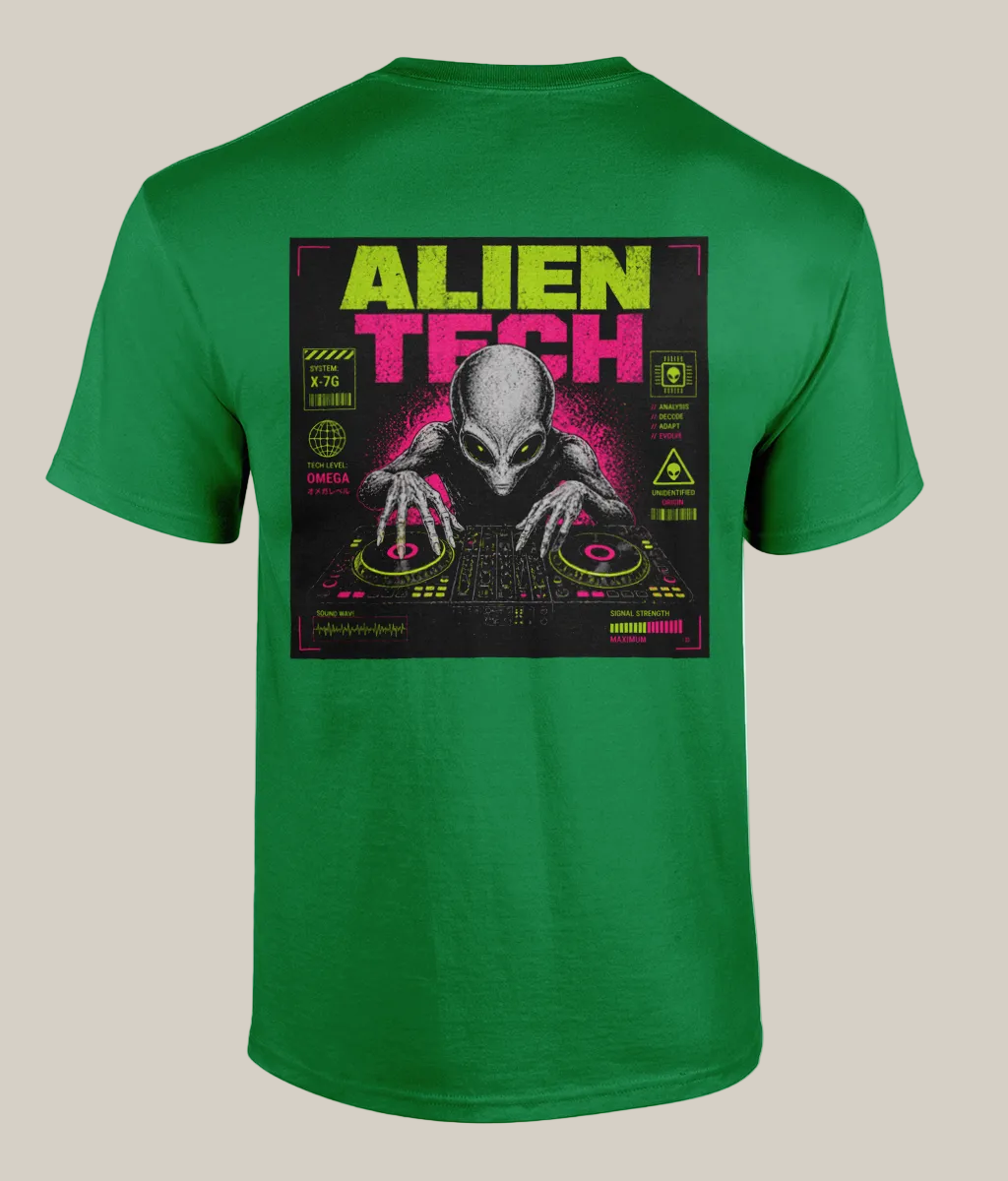 Green t-shirt with alien graphic and 'Alien Tech' text on a white background