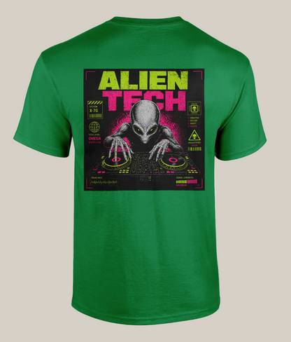 Green t-shirt with alien graphic and 'Alien Tech' text on a white background