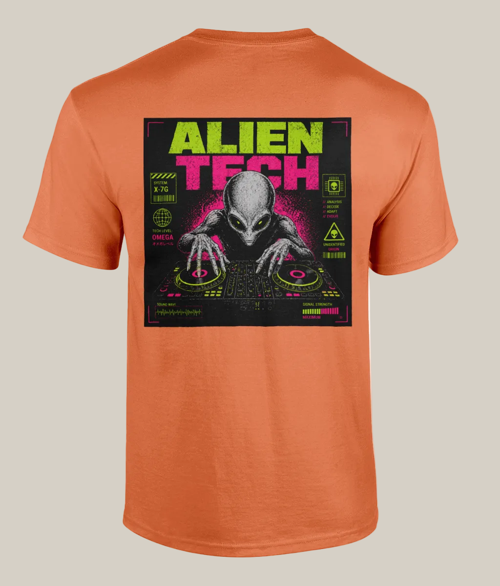 Orange t-shirt with alien graphic and 'Alien Tech' text on a white background