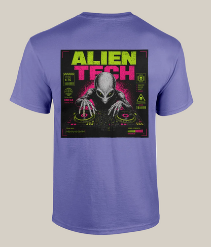 Purple t-shirt with alien graphic and 'Alien Tech' text on a white background