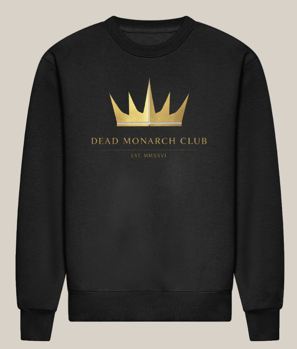 Black sweatshirt with gold crown logo and text on a white background