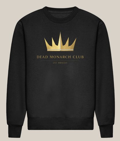 Black sweatshirt with gold crown logo and text on a white background
