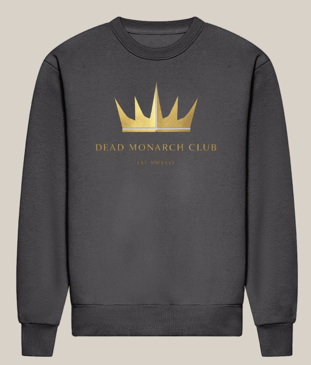 Dark gray sweatshirt with gold crown logo and text on a white background