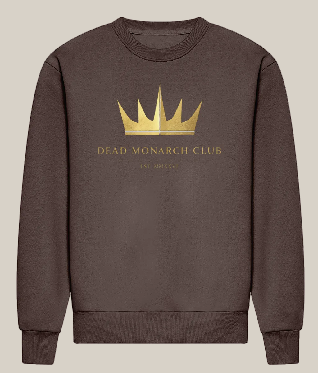 Brown sweatshirt with gold crown logo and text on a white background