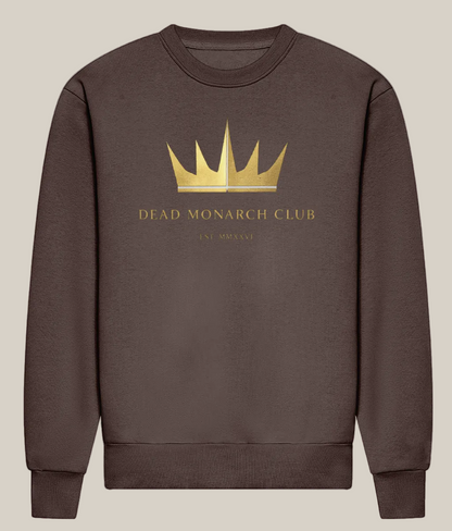 Brown sweatshirt with gold crown logo and text on a white background