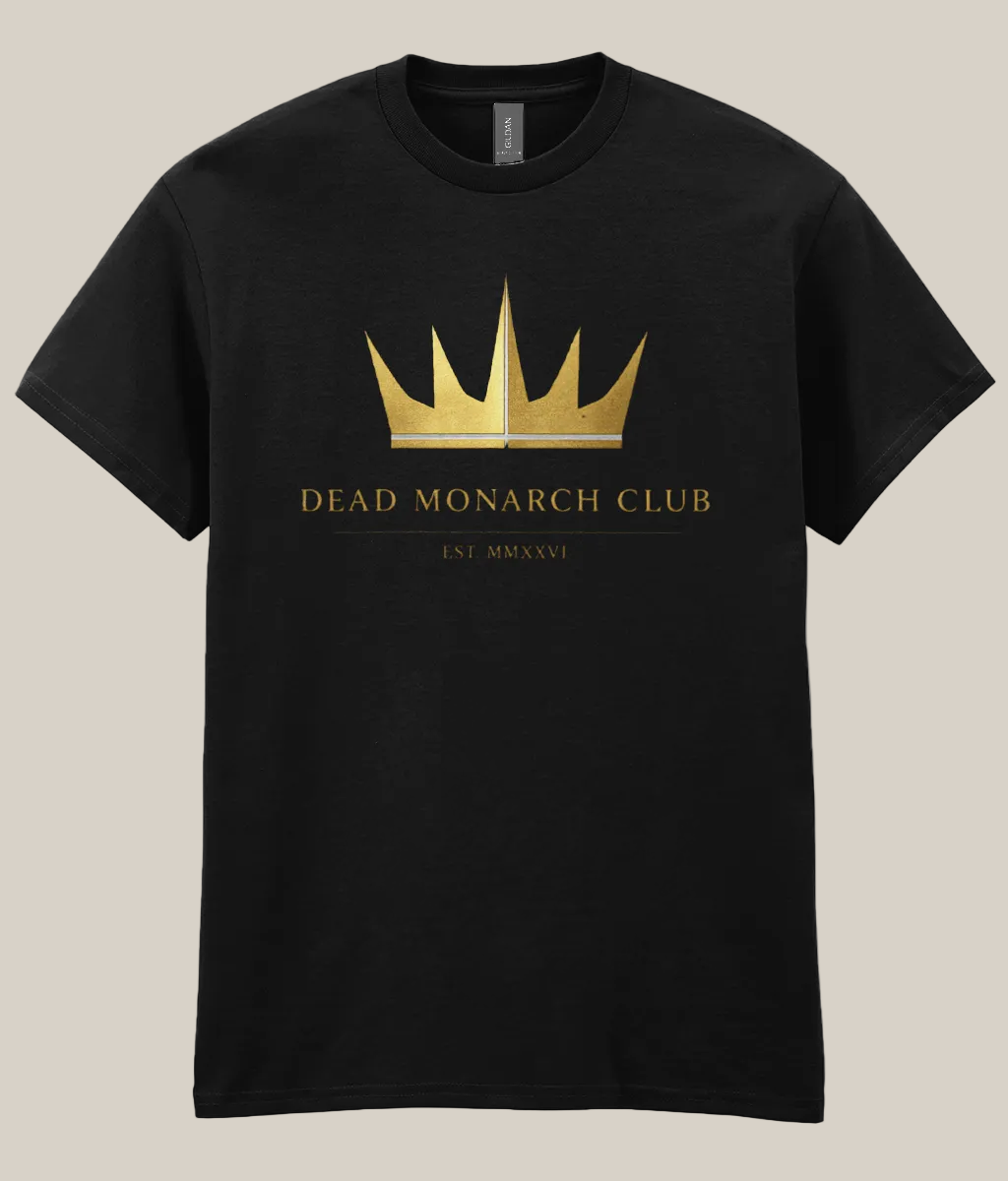 Black t-shirt with gold crown design and text on a white background