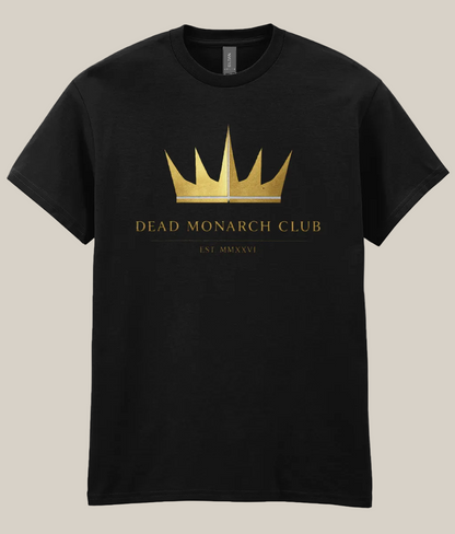 Black t-shirt with gold crown design and text on a white background