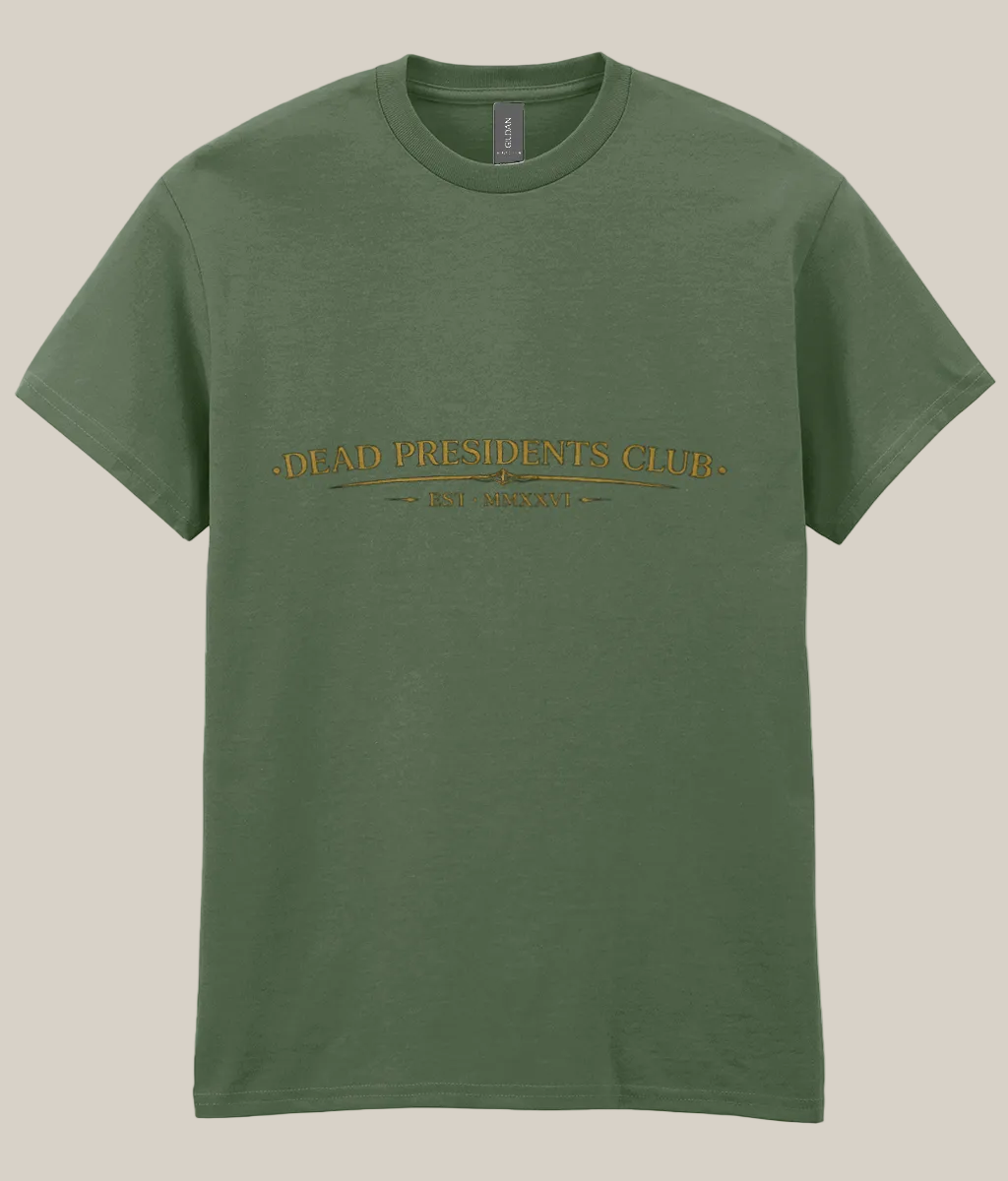 Green t-shirt with gold text on a white background