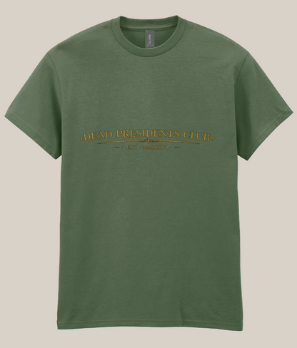 Green t-shirt with gold text on a white background