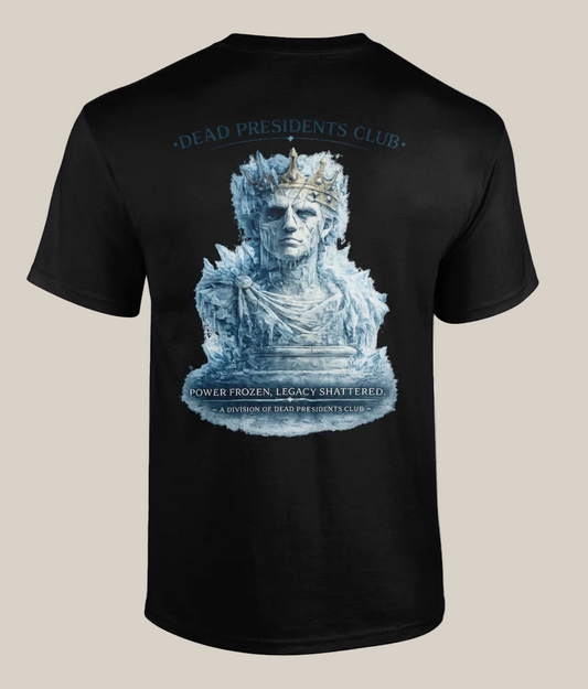 Black t-shirt with a graphic of a bust in a crown and text on a white background