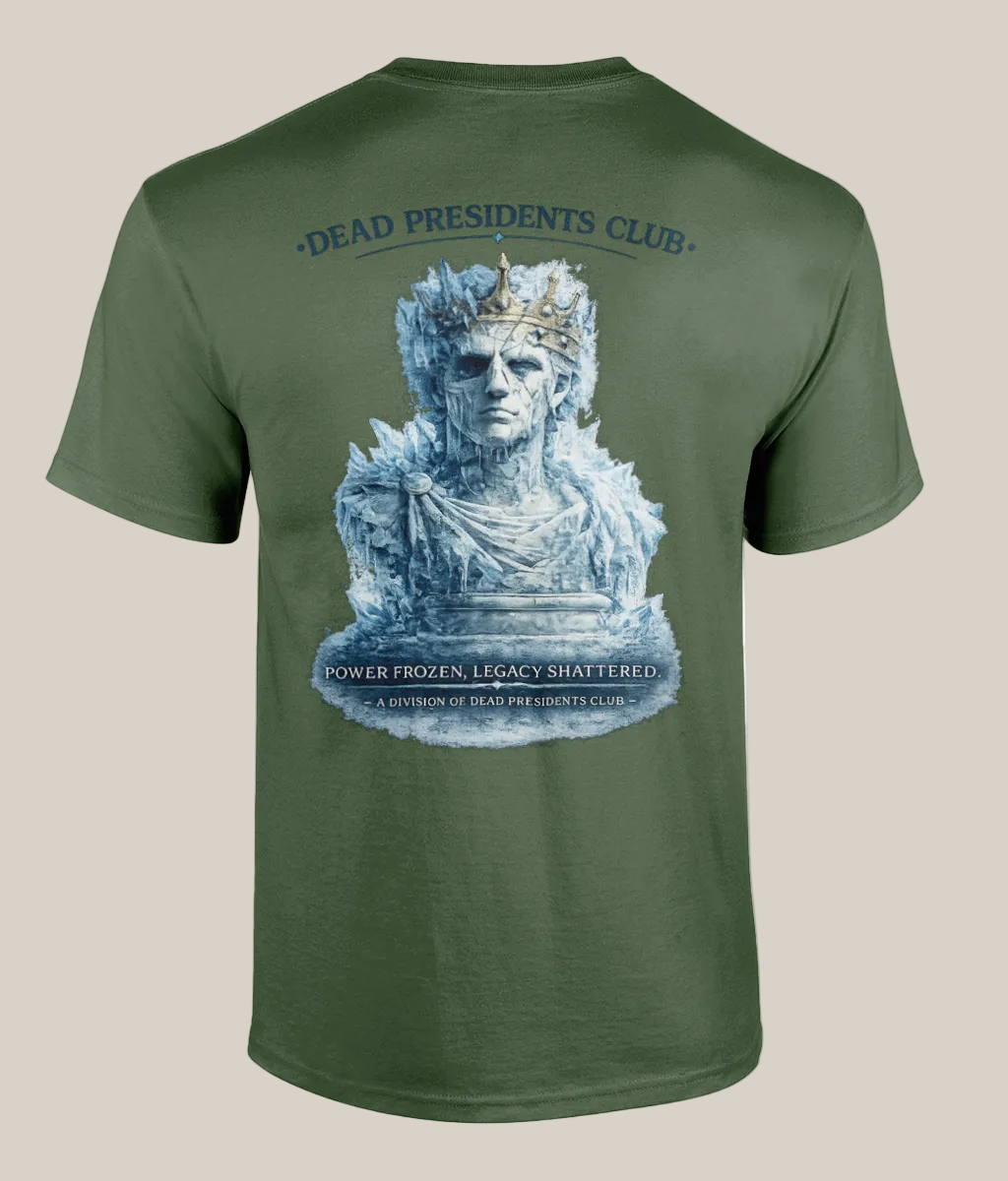 Green t-shirt with a graphic of a frozen statue and text on a white background