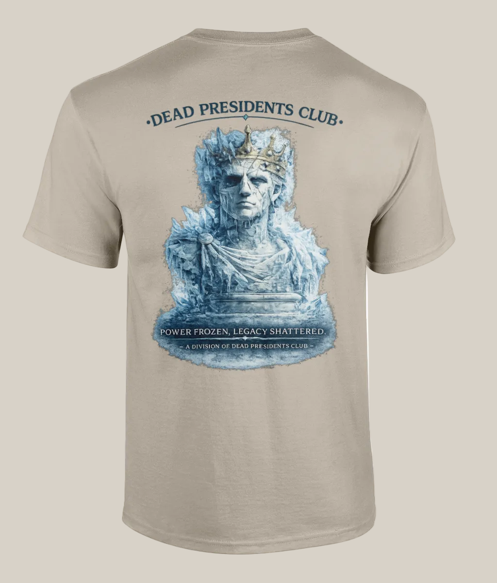 Beige t-shirt with a graphic of a frozen bust and text on the back, on a white background.