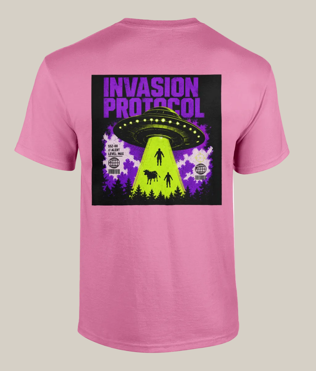 Pink t-shirt with 'Invasion Protocol' graphic on the back
