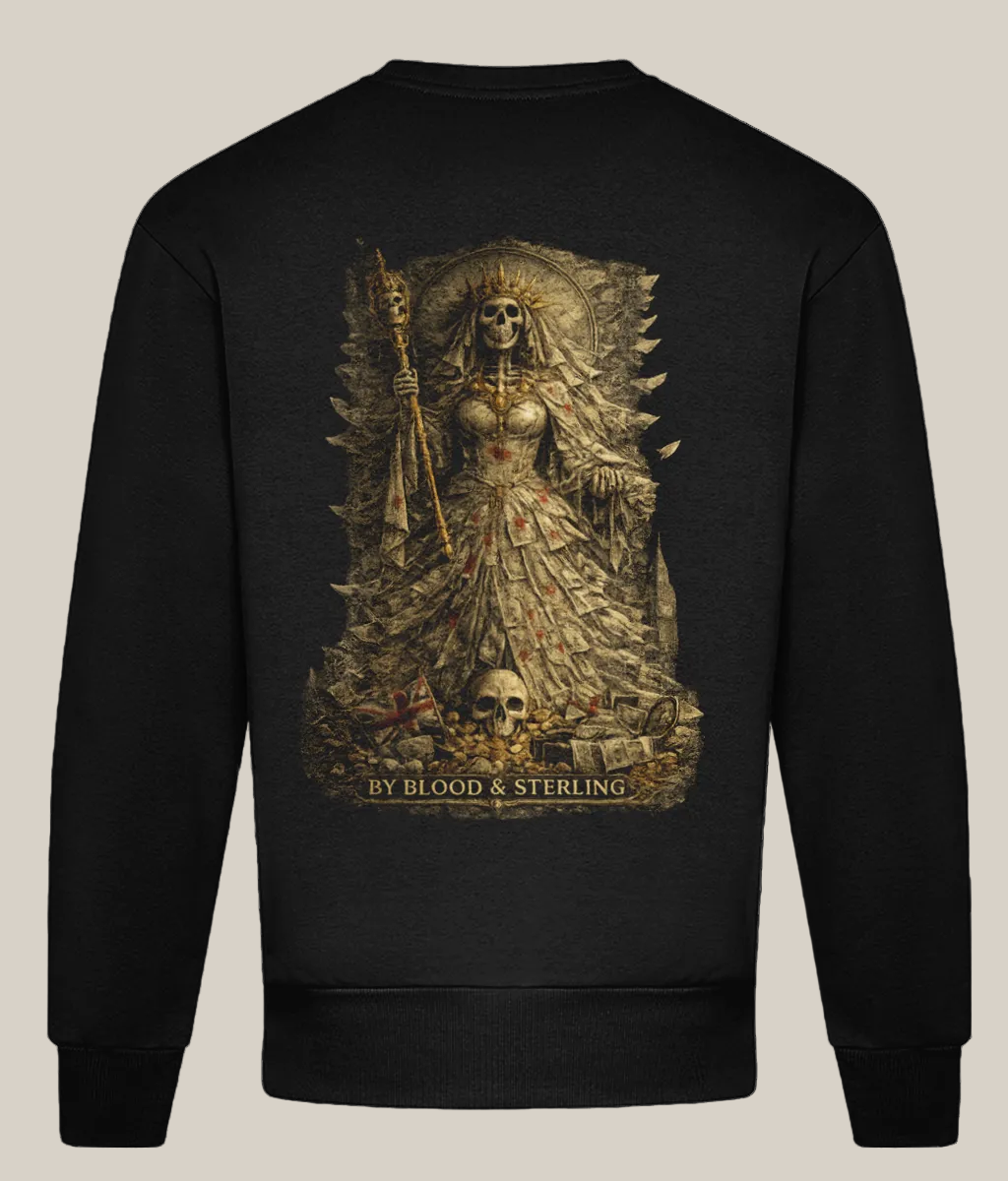 Black sweatshirt with a graphic design on the back featuring a woman in a dress and a spear, with 'By Blood & Sterling' text.