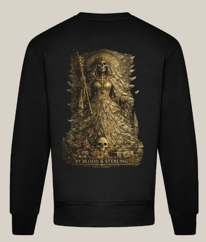 Black sweatshirt with a graphic design on the back featuring a woman in a dress and a spear, with 'By Blood & Sterling' text.