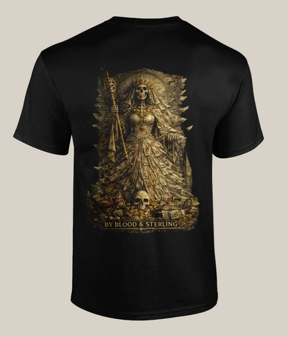 Black t-shirt with a graphic design of a woman holding a spear and text 'By Blood & Sterling' on a white background.