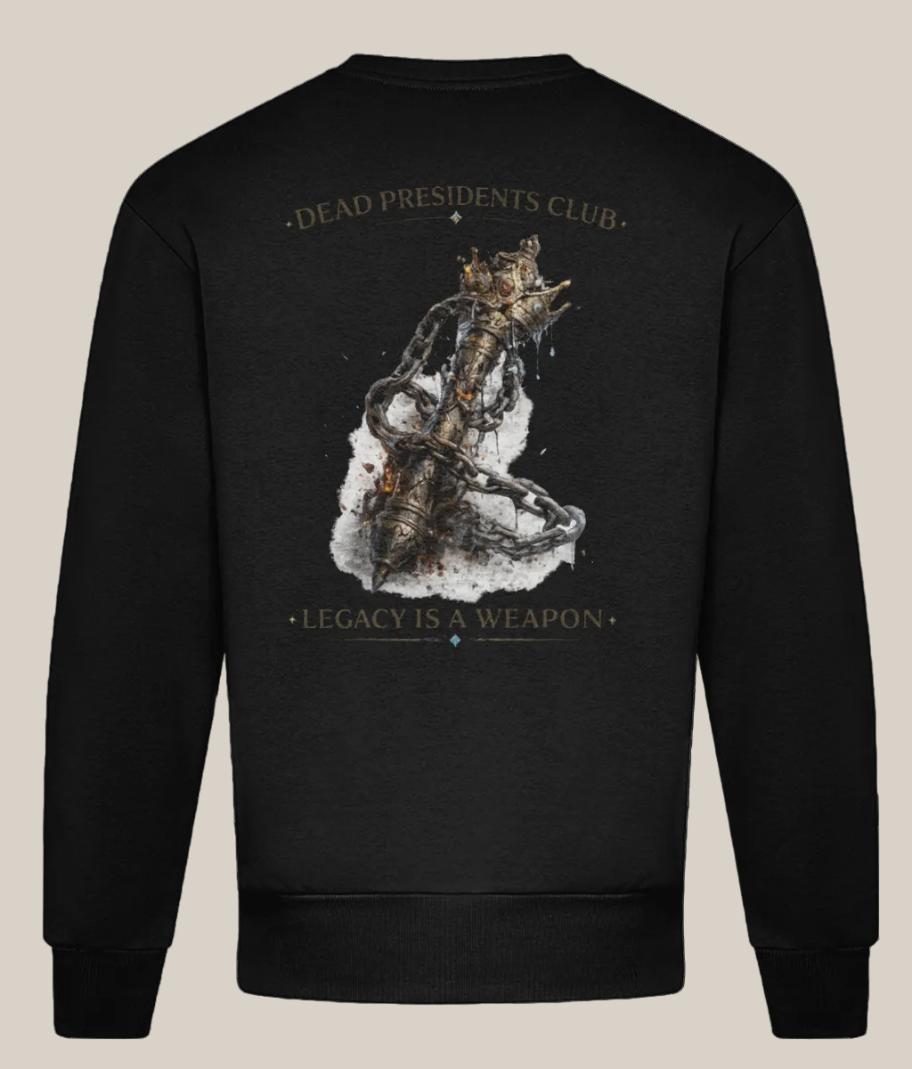 Black sweatshirt with a graphic design on the back featuring text and an image of a weapon.