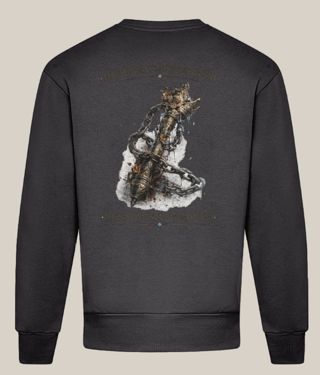 Dark gray sweatshirt with a graphic design on the back against a white background