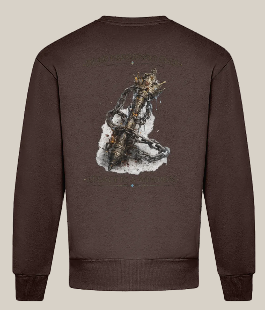 Brown sweatshirt with a graphic design on the back against a white background