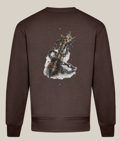 Brown sweatshirt with a graphic design on the back against a white background