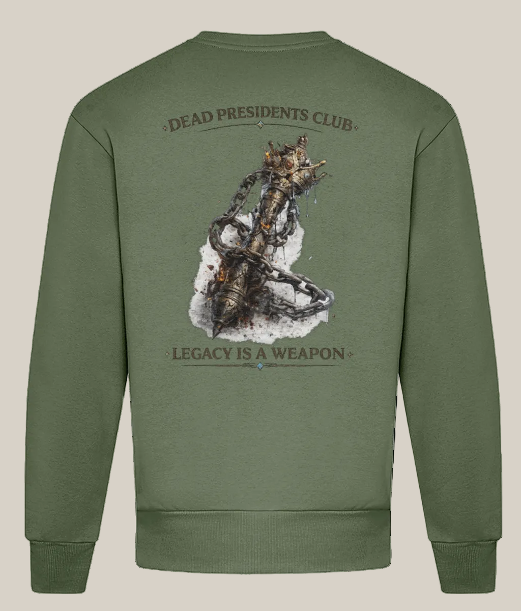 Green sweatshirt with a graphic design and text on the back, displayed against a white background.