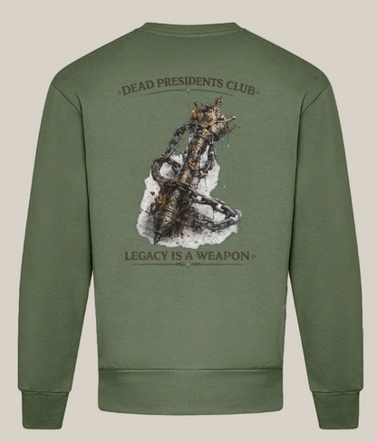 Green sweatshirt with a graphic design and text on the back, displayed against a white background.