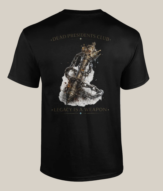 Black t-shirt with a graphic design and text on the back, displayed against a white background.