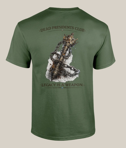 Green t-shirt with a graphic design and text on the back, displayed against a white background.