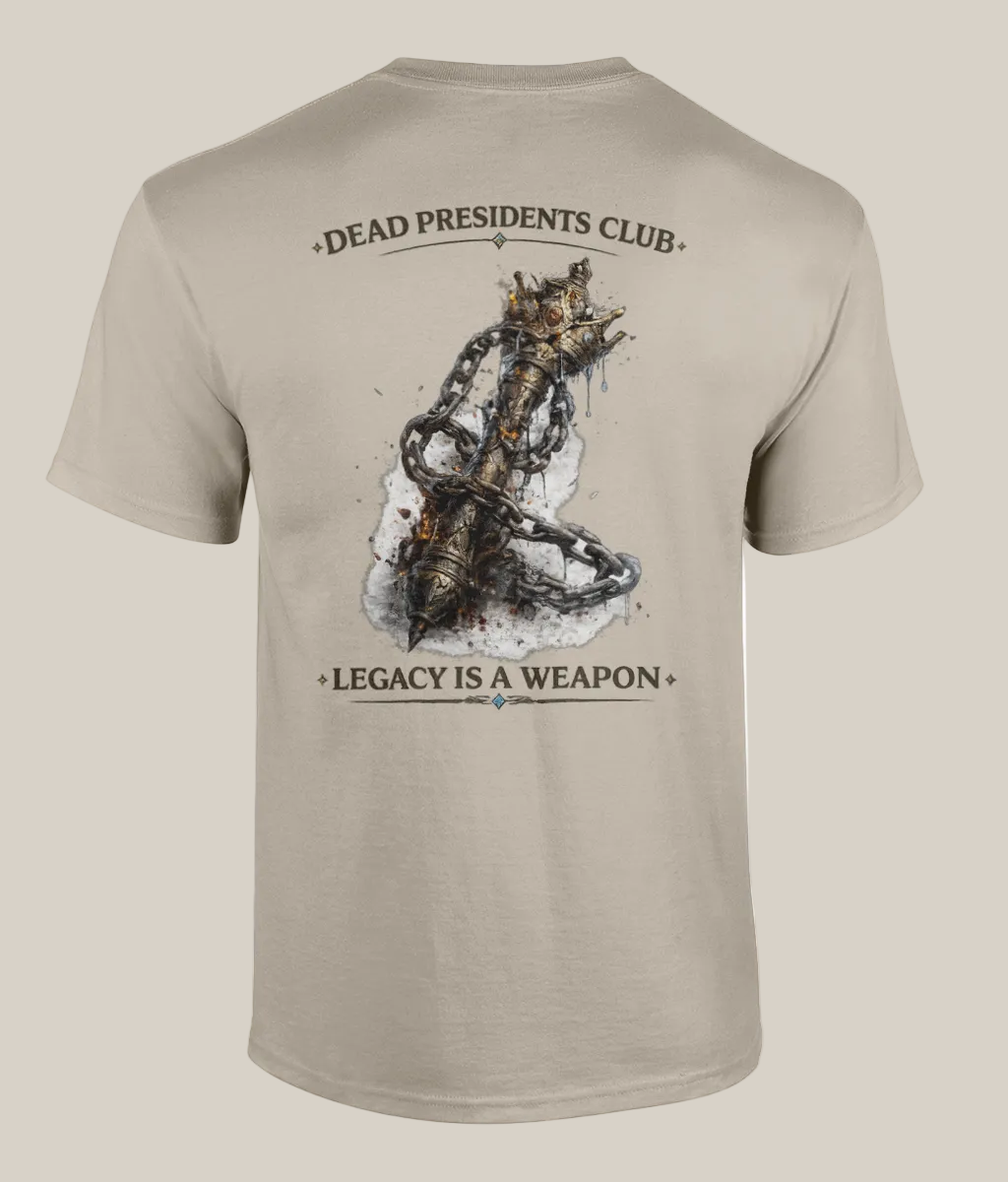 Beige t-shirt with a graphic design and text on the back, displayed on a white background.