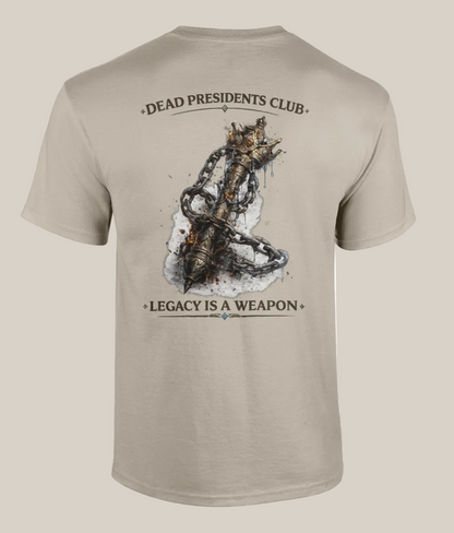 Beige t-shirt with a graphic design and text on the back, displayed on a white background.