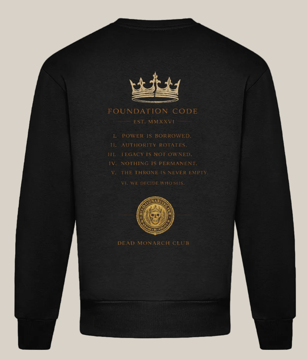 Black sweatshirt with gold text and design on a white background
