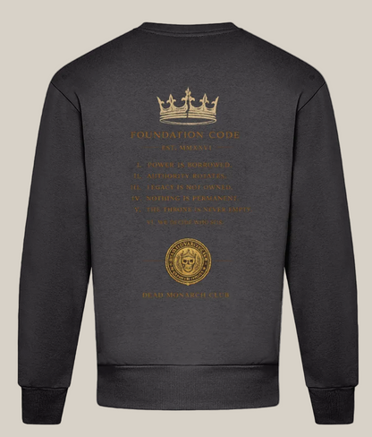 Dark gray sweatshirt with gold text and design on the back against a white background
