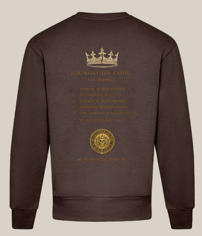 Brown sweatshirt with gold text and design on the back against a white background