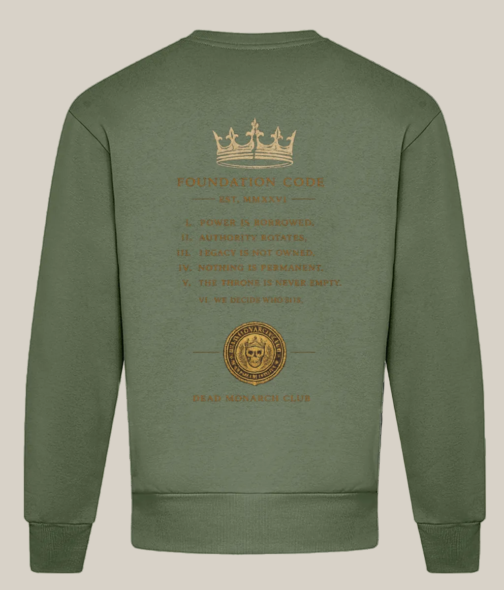 Green sweatshirt with gold text and designs on a white background