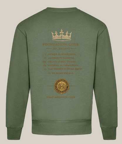 Green sweatshirt with gold text and designs on a white background